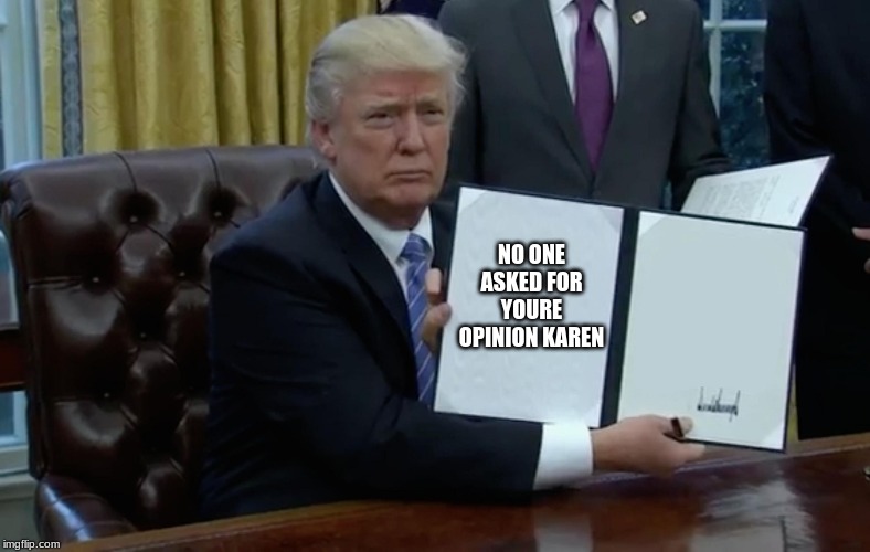 Executive Order Trump | NO ONE ASKED FOR YOURE OPINION KAREN | image tagged in executive order trump | made w/ Imgflip meme maker