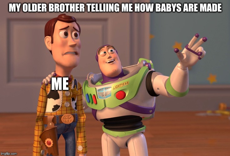 X, X Everywhere | MY OLDER BROTHER TELLIING ME HOW BABYS ARE MADE; ME | image tagged in memes,x x everywhere | made w/ Imgflip meme maker