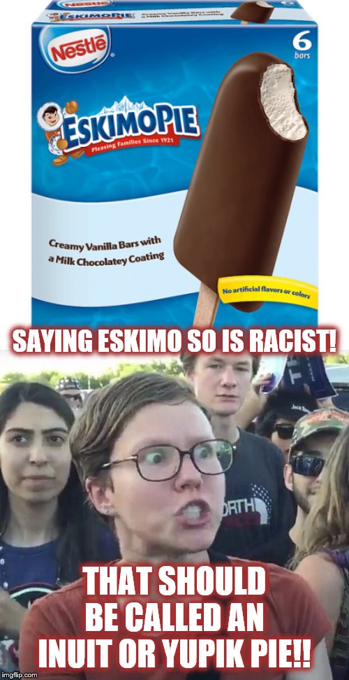 I guess the Liberals now think the word ESKIMO is racist.... | SAYING ESKIMO SO IS RACIST! THAT SHOULD BE CALLED AN INUIT OR YUPIK PIE!! | image tagged in triggered feminist,eskimo,ice cream,racist | made w/ Imgflip meme maker