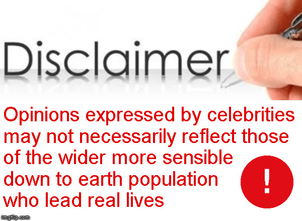 Opinions expressed by celebrities
may not necessarily reflect those
of the wider more sensible
down to earth population
who lead real lives | image tagged in white blank 600x240 | made w/ Imgflip meme maker