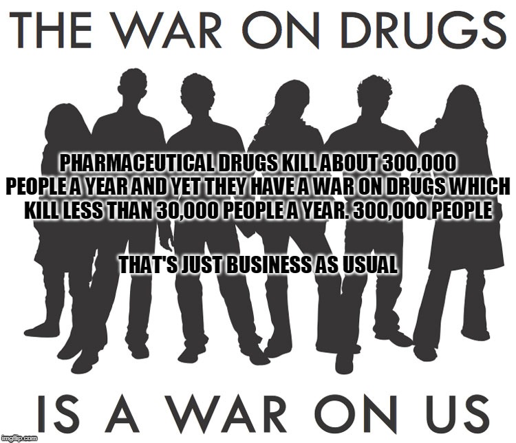 War On Us | PHARMACEUTICAL DRUGS KILL ABOUT 300,000 PEOPLE A YEAR AND YET THEY HAVE A WAR ON DRUGS WHICH KILL LESS THAN 30,000 PEOPLE A YEAR. 300,000 PEOPLE; THAT'S JUST BUSINESS AS USUAL | image tagged in drug | made w/ Imgflip meme maker
