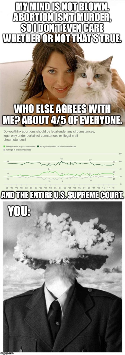 4/5 of Americans believe abortion should be legal in all or some circumstances, and this has been steady for decades. | MY MIND IS NOT BLOWN. ABORTION ISN’T MURDER, SO I DON’T EVEN CARE WHETHER OR NOT THAT’S TRUE. WHO ELSE AGREES WITH ME? ABOUT 4/5 OF EVERYONE. AND THE ENTIRE U.S. SUPREME COURT. YOU: | image tagged in mind blown,abortion polling gallup,dannii cat,abortion,abortion is murder,pro-choice | made w/ Imgflip meme maker
