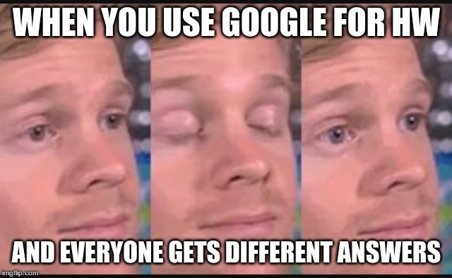 Blinking guy | WHEN YOU USE GOOGLE FOR HW; AND EVERYONE GETS DIFFERENT ANSWERS | image tagged in blinking guy | made w/ Imgflip meme maker