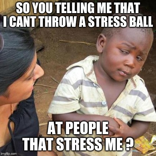 Third World Skeptical Kid | SO YOU TELLING ME THAT I CANT THROW A STRESS BALL; AT PEOPLE THAT STRESS ME ? | image tagged in memes,third world skeptical kid | made w/ Imgflip meme maker