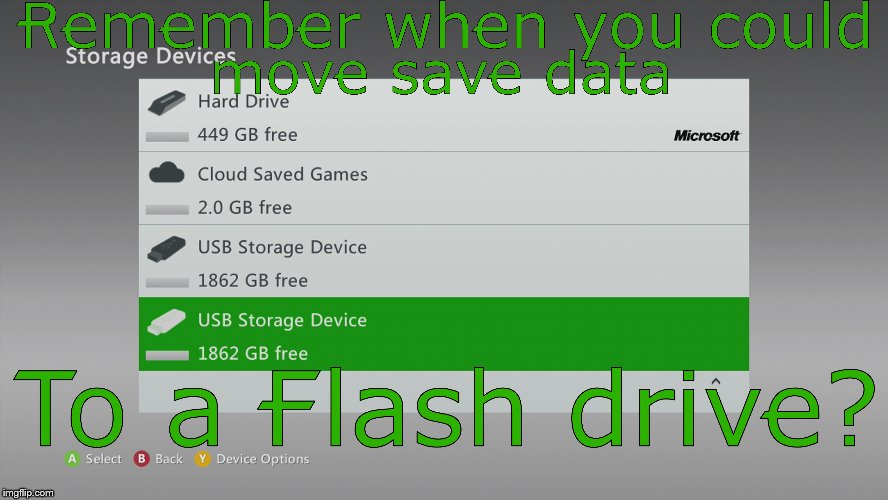 You could use a Flash drive as a storage device or even rename your Flash drive | image tagged in xbox one,gaming,xbox,pepperidge farm remembers,remember when,back in my day | made w/ Imgflip meme maker