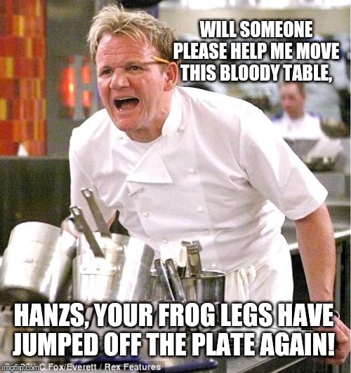Chef Gordon Ramsay Meme | WILL SOMEONE PLEASE HELP ME MOVE THIS BLOODY TABLE, HANZS, YOUR FROG LEGS HAVE JUMPED OFF THE PLATE AGAIN! | image tagged in memes,chef gordon ramsay,help,disappointment | made w/ Imgflip meme maker
