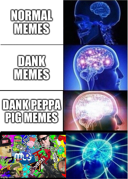 Expanding Brain Meme | NORMAL MEMES; DANK MEMES; DANK PEPPA PIG MEMES | image tagged in memes,expanding brain | made w/ Imgflip meme maker