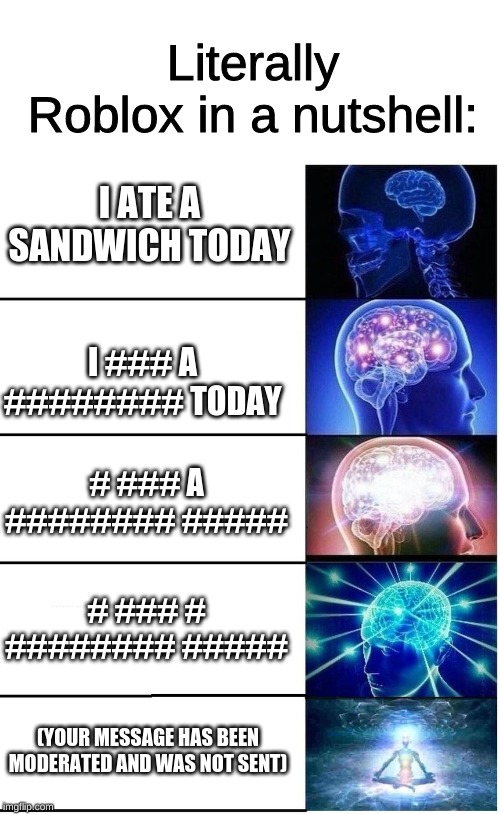 Expanding Brain 5 Panel | Literally Roblox in a nutshell:; I ATE A SANDWICH TODAY; I ### A ######## TODAY; # ### A ######## #####; # ### # ######## #####; (YOUR MESSAGE HAS BEEN MODERATED AND WAS NOT SENT) | image tagged in expanding brain 5 panel | made w/ Imgflip meme maker