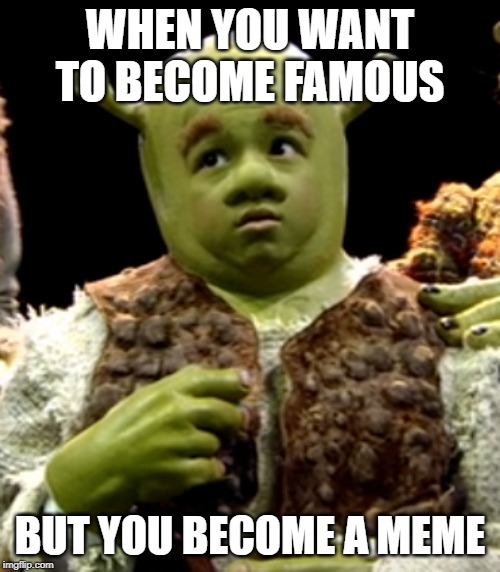 WHEN YOU WANT TO BECOME FAMOUS; BUT YOU BECOME A MEME | image tagged in baby shrek | made w/ Imgflip meme maker