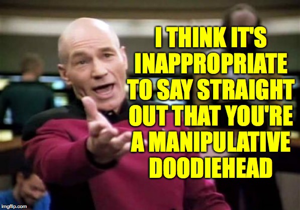 Picard Wtf Meme | I THINK IT'S
INAPPROPRIATE
TO SAY STRAIGHT
OUT THAT YOU'RE
A MANIPULATIVE
DOODIEHEAD | image tagged in memes,picard wtf | made w/ Imgflip meme maker