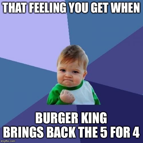 Success Kid | THAT FEELING YOU GET WHEN; BURGER KING BRINGS BACK THE 5 FOR 4 | image tagged in memes,success kid | made w/ Imgflip meme maker