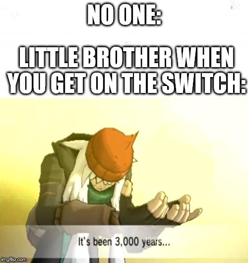 NO ONE:; LITTLE BROTHER WHEN YOU GET ON THE SWITCH: | image tagged in it's been 3000 years | made w/ Imgflip meme maker