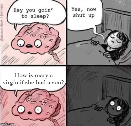 waking up brain | How is mary a virgin if she had a son? | image tagged in waking up brain | made w/ Imgflip meme maker