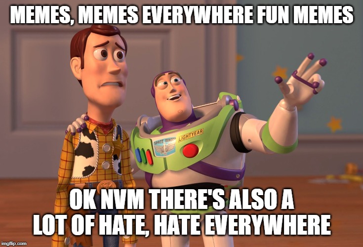 X, X Everywhere Meme | MEMES, MEMES EVERYWHERE FUN MEMES; OK NVM THERE'S ALSO A LOT OF HATE, HATE EVERYWHERE | image tagged in memes,x x everywhere | made w/ Imgflip meme maker
