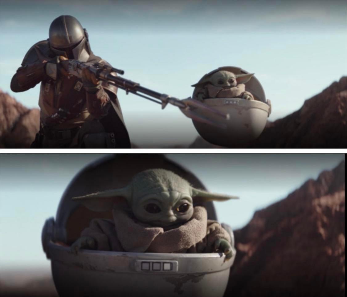 High Quality baby yoda while the mandalorian shoots Blank Meme Template