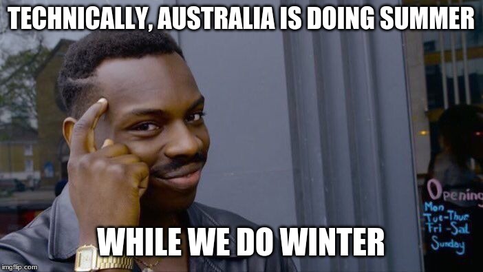 Roll Safe Think About It Meme | TECHNICALLY, AUSTRALIA IS DOING SUMMER WHILE WE DO WINTER | image tagged in memes,roll safe think about it | made w/ Imgflip meme maker