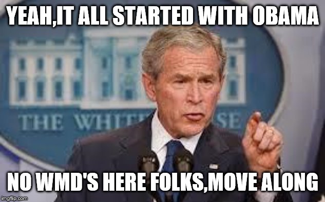 George Bush | YEAH,IT ALL STARTED WITH OBAMA NO WMD'S HERE FOLKS,MOVE ALONG | image tagged in george bush | made w/ Imgflip meme maker