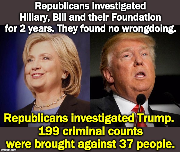 LOCK HIM UP! LOCK HIM UP! | Republicans investigated Hillary, Bill and their Foundation for 2 years. They found no wrongdoing. Republicans investigated Trump. 
199 criminal counts were brought against 37 people. | image tagged in hillary won the popular vote trump electoral college,hillary clinton,bill clinton,trump,republicans,exoneration | made w/ Imgflip meme maker
