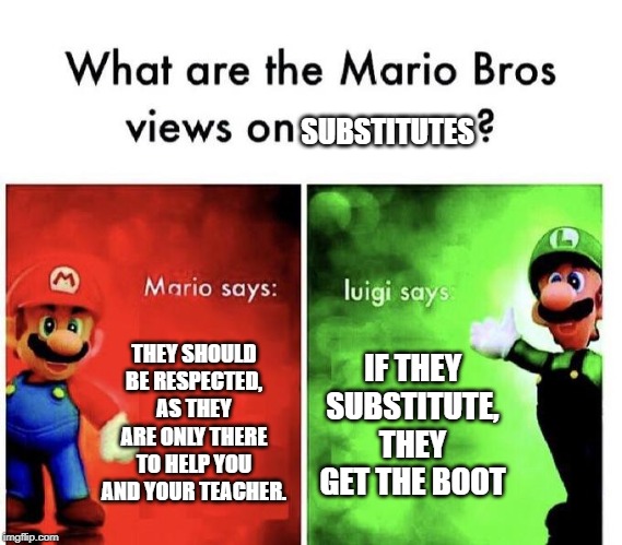 Mario Bros Views | SUBSTITUTES; THEY SHOULD BE RESPECTED, AS THEY ARE ONLY THERE TO HELP YOU AND YOUR TEACHER. IF THEY SUBSTITUTE, THEY GET THE BOOT | image tagged in mario bros views | made w/ Imgflip meme maker