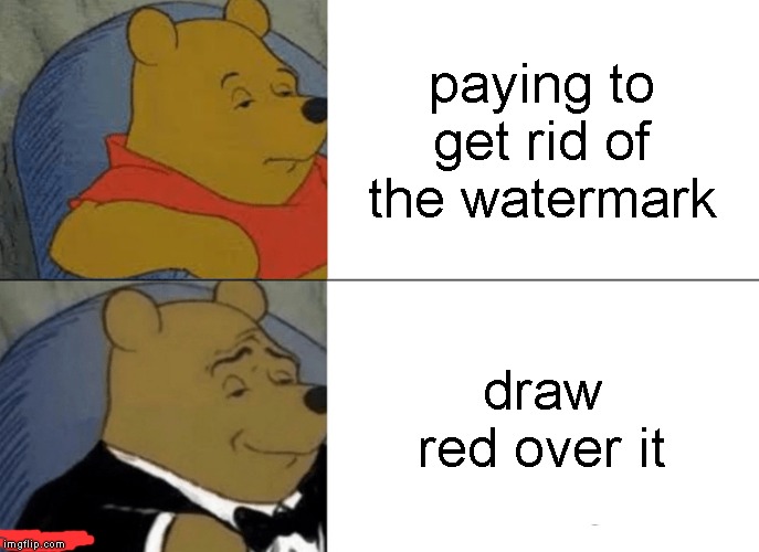 Tuxedo Winnie The Pooh Meme | paying to get rid of the watermark; draw red over it | image tagged in memes,tuxedo winnie the pooh | made w/ Imgflip meme maker