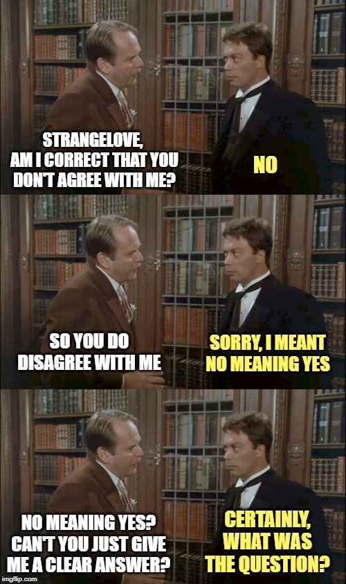 Just a typical day in the Politics stream on Imgflip | STRANGELOVE, 
AM I CORRECT THAT YOU DON'T AGREE WITH ME? NO; SO YOU DO DISAGREE WITH ME; SORRY, I MEANT NO MEANING YES; CERTAINLY,
WHAT WAS THE QUESTION? NO MEANING YES?
CAN'T YOU JUST GIVE ME A CLEAR ANSWER? | image tagged in clue,no meaning yes | made w/ Imgflip meme maker