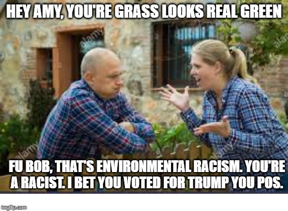 environmental racism | HEY AMY, YOU'RE GRASS LOOKS REAL GREEN; FU BOB, THAT'S ENVIRONMENTAL RACISM. YOU'RE A RACIST. I BET YOU VOTED FOR TRUMP YOU POS. | image tagged in environmental racism | made w/ Imgflip meme maker