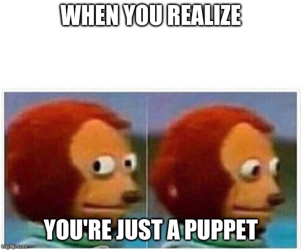 Monkey Puppet Meme | WHEN YOU REALIZE; YOU'RE JUST A PUPPET | image tagged in monkey puppet | made w/ Imgflip meme maker