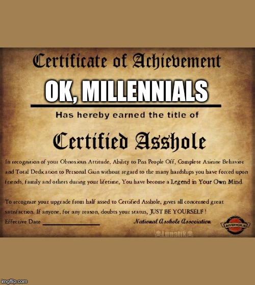 Certified butthole | OK, MILLENNIALS | image tagged in certified butthole | made w/ Imgflip meme maker