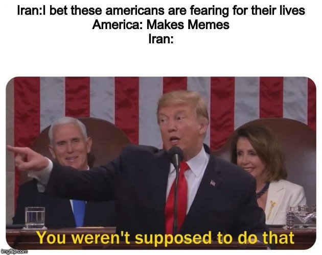 You weren't supposed to do that | Iran:I bet these americans are fearing for their lives
America: Makes Memes
Iran: | image tagged in you weren't supposed to do that | made w/ Imgflip meme maker