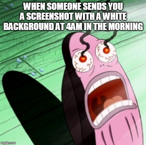Burning eyes | WHEN SOMEONE SENDS YOU A SCREENSHOT WITH A WHITE BACKGROUND AT 4AM IN THE MORNING | image tagged in burning eyes | made w/ Imgflip meme maker