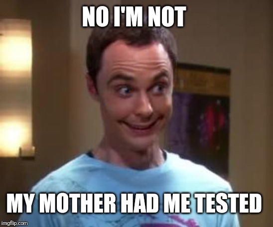 Sheldon Cooper smile | NO I'M NOT MY MOTHER HAD ME TESTED | image tagged in sheldon cooper smile | made w/ Imgflip meme maker