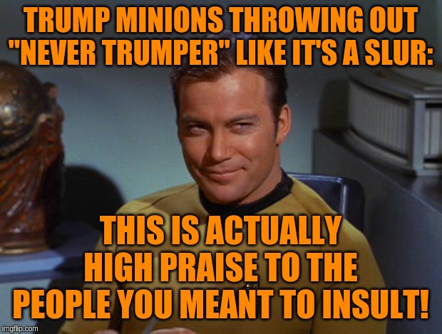 Thanks for the daily affirmation! | TRUMP MINIONS THROWING OUT "NEVER TRUMPER" LIKE IT'S A SLUR:; THIS IS ACTUALLY HIGH PRAISE TO THE PEOPLE YOU MEANT TO INSULT! | image tagged in kirk smirk,memes,politics | made w/ Imgflip meme maker