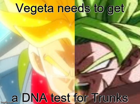Vegeta needs to get; a DNA test for Trunks | image tagged in trunks,broly,dna | made w/ Imgflip meme maker