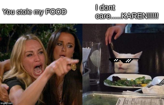 Woman Yelling At Cat | You stole my FOOD; I dont care.....KAREN!!!!! | image tagged in memes,woman yelling at cat | made w/ Imgflip meme maker