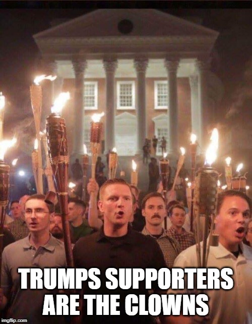 Tiki torch racist | TRUMPS SUPPORTERS ARE THE CLOWNS | image tagged in tiki torch racist | made w/ Imgflip meme maker