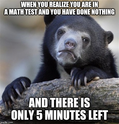 Confession Bear Meme | WHEN YOU REALIZE YOU ARE IN A MATH TEST AND YOU HAVE DONE NOTHING; AND THERE IS ONLY 5 MINUTES LEFT | image tagged in memes,confession bear | made w/ Imgflip meme maker