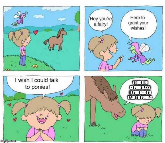 Talk to Ponies |  YOUR LIFE IS POINTLESS IF YOU ASK TO TALK TO PONIES. | image tagged in talk to ponies | made w/ Imgflip meme maker