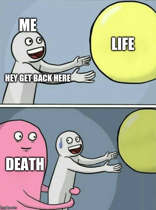 Running Away Balloon | ME; LIFE; HEY GET BACK HERE; DEATH | image tagged in memes,running away balloon | made w/ Imgflip meme maker