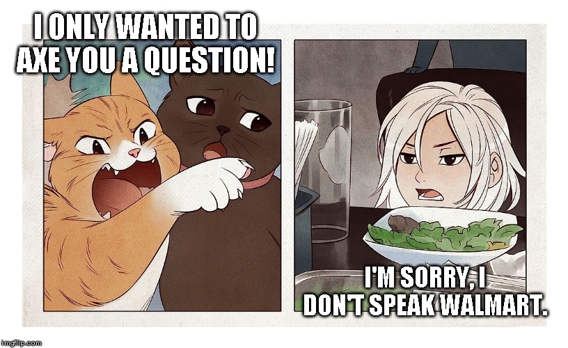 No spekzen ze Walmart | I ONLY WANTED TO AXE YOU A QUESTION! I'M SORRY, I DON'T SPEAK WALMART. | image tagged in lolcats | made w/ Imgflip meme maker