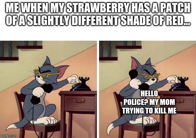 Poison Strawberry | ME WHEN MY STRAWBERRY HAS A PATCH OF A SLIGHTLY DIFFERENT SHADE OF RED... HELLO POLICE? MY MOM TRYING TO KILL ME | image tagged in tom and jerry snitch | made w/ Imgflip meme maker