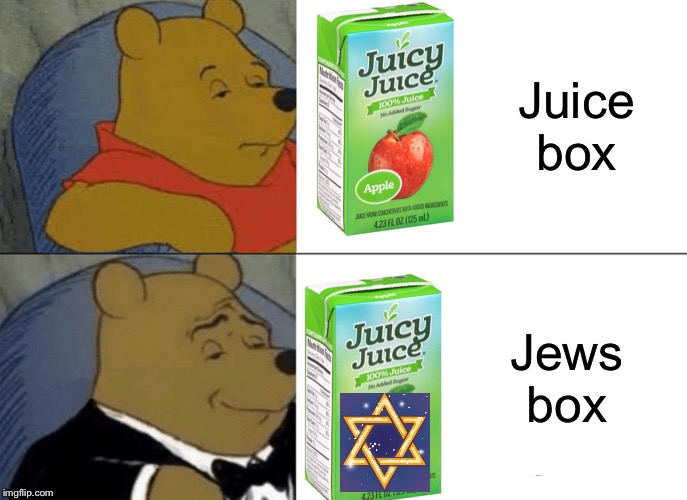 Tuxedo Winnie The Pooh | Juice box; Jews box | image tagged in memes,tuxedo winnie the pooh | made w/ Imgflip meme maker
