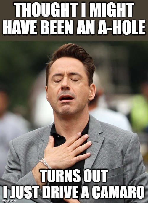 Could be worse. I could be driving an Audi TT | THOUGHT I MIGHT HAVE BEEN AN A-HOLE; TURNS OUT
I JUST DRIVE A CAMARO | image tagged in relieved rdj,memes,camaro,ahole | made w/ Imgflip meme maker