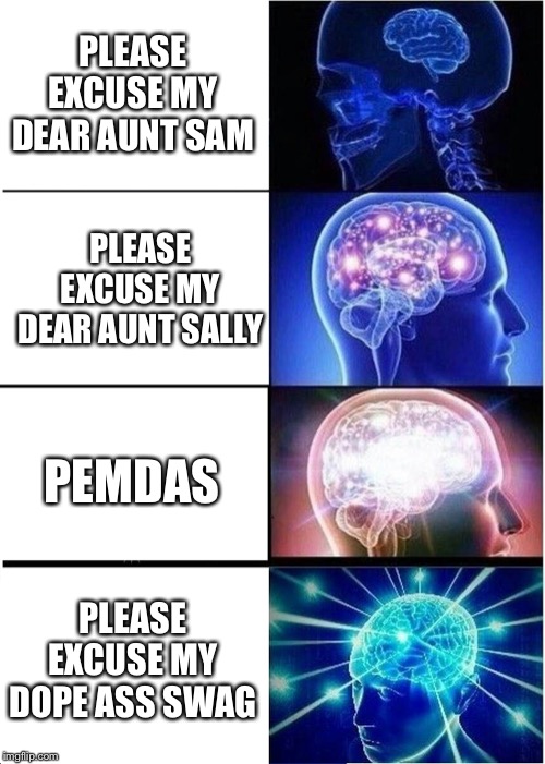 Expanding Brain Meme | PLEASE EXCUSE MY DEAR AUNT SAM; PLEASE EXCUSE MY DEAR AUNT SALLY; PEMDAS; PLEASE EXCUSE MY DOPE ASS SWAG | image tagged in memes,expanding brain | made w/ Imgflip meme maker