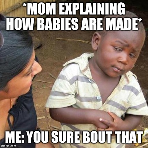 Third World Skeptical Kid Meme | *MOM EXPLAINING HOW BABIES ARE MADE*; ME: YOU SURE BOUT THAT | image tagged in memes,third world skeptical kid | made w/ Imgflip meme maker