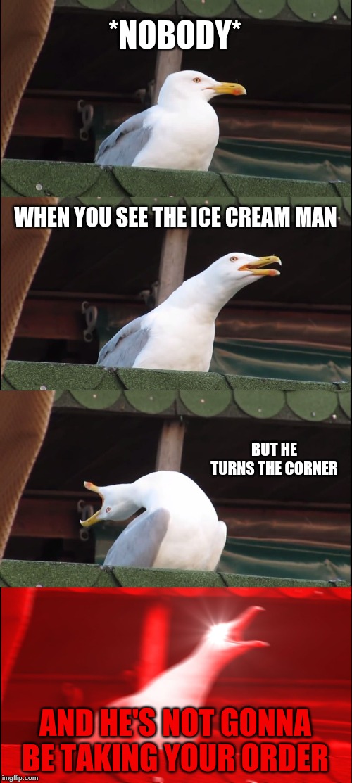 Inhaling Seagull Meme | *NOBODY*; WHEN YOU SEE THE ICE CREAM MAN; BUT HE TURNS THE CORNER; AND HE'S NOT GONNA BE TAKING YOUR ORDER | image tagged in memes,inhaling seagull | made w/ Imgflip meme maker