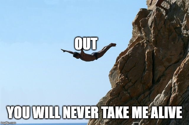 Jumping off a cliff | OUT YOU WILL NEVER TAKE ME ALIVE | image tagged in jumping off a cliff | made w/ Imgflip meme maker
