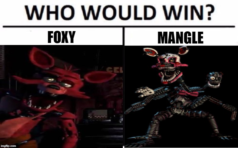 Who would win? FNaF edition! |  FOXY; MANGLE | image tagged in foxy,foxy five nights at freddy's,mangle,fnaf,five nights at freddy's,who would win | made w/ Imgflip meme maker