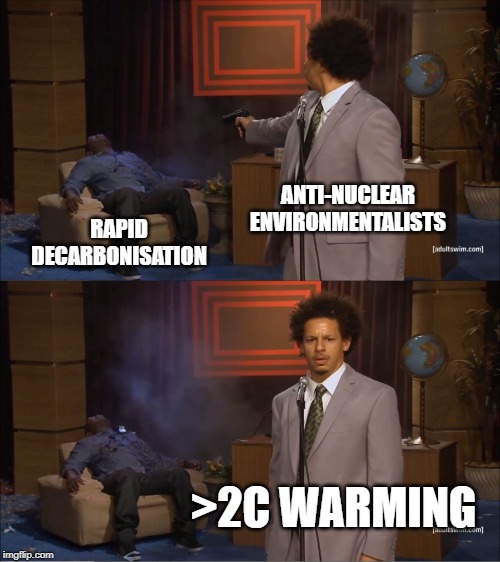 Who Killed Hannibal Meme | ANTI-NUCLEAR ENVIRONMENTALISTS; RAPID DECARBONISATION; >2C WARMING | image tagged in memes,who killed hannibal | made w/ Imgflip meme maker