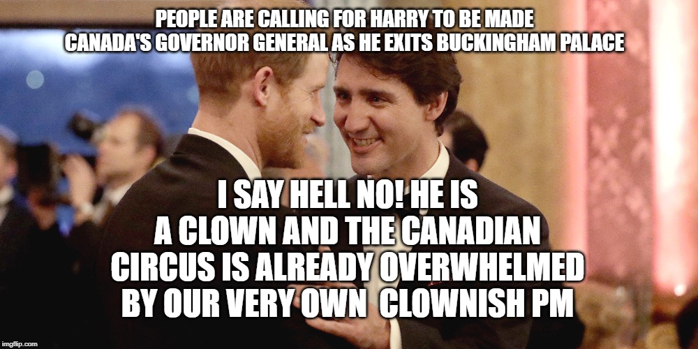 politica | PEOPLE ARE CALLING FOR HARRY TO BE MADE CANADA'S GOVERNOR GENERAL AS HE EXITS BUCKINGHAM PALACE; I SAY HELL NO! HE IS A CLOWN AND THE CANADIAN CIRCUS IS ALREADY OVERWHELMED BY OUR VERY OWN  CLOWNISH PM | image tagged in political meme | made w/ Imgflip meme maker