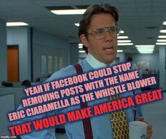 That Would Be Great | YEAH IF FACEBOOK COULD STOP REMOVING POSTS WITH THE NAME ERIC CIARAMELLA AS THE WHISTLE BLOWER; THAT WOULD MAKE AMERICA GREAT | image tagged in memes,that would be great | made w/ Imgflip meme maker